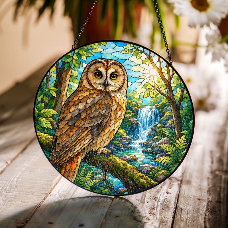 Forest Owl Stained Glass Suncatcher, Waterfall Window Hanging Decor, Gift for Bird Lovers