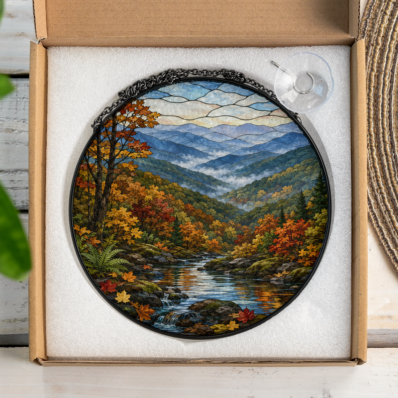 Fall Great Smoky Mountains Stained Glass Suncatcher, National Park Window Decor, Nature Lover Gift