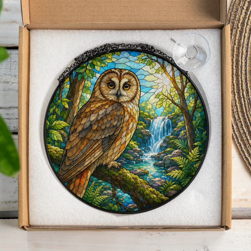 Forest Owl Stained Glass Suncatcher, Waterfall Window Hanging Decor, Gift for Bird Lovers
