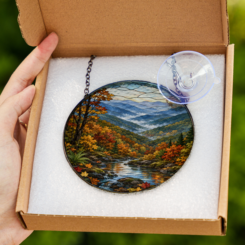 Fall Great Smoky Mountains Stained Glass Suncatcher, National Park Window Decor, Nature Lover Gift