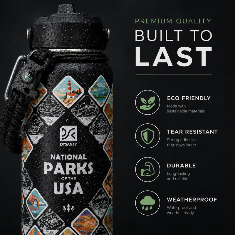 National Parks Water Bottle, Insulated Stainless Steel Bottle with 63 Park Stickers, Leakproof Lids, Hiking & Camping Gift