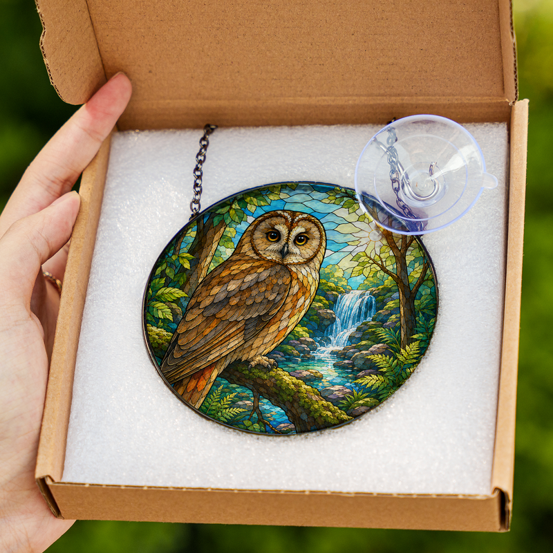 Forest Owl Stained Glass Suncatcher, Waterfall Window Hanging Decor, Gift for Bird Lovers
