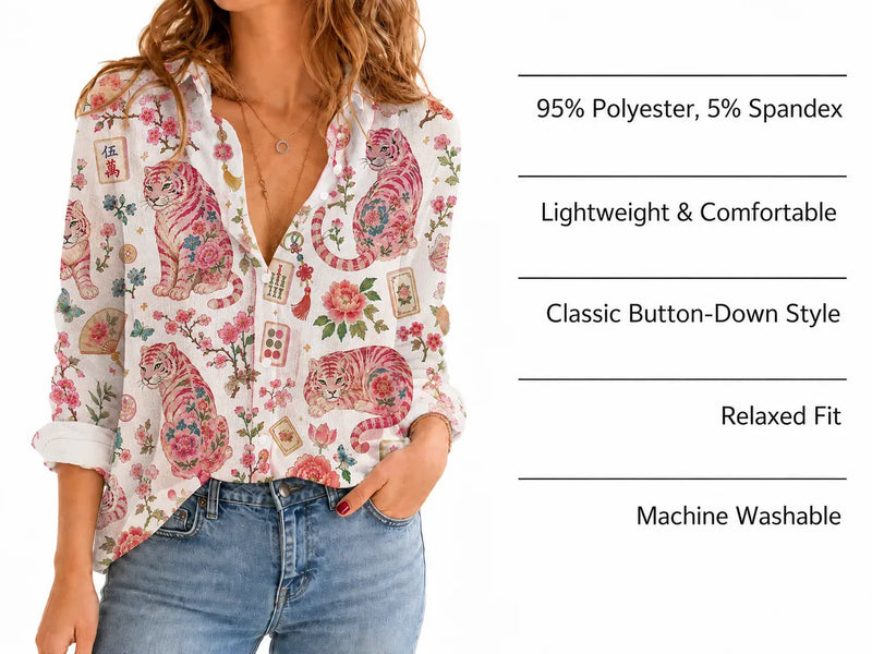Mahjong Blouse Shirt for Women, Pink Tiger Mah Jongg Lover Top