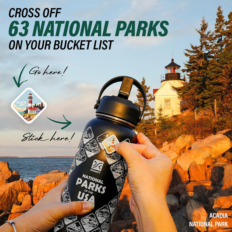 National Parks Water Bottle, Insulated Stainless Steel Bottle with 63 Park Stickers, Leakproof Lids, Hiking & Camping Gift