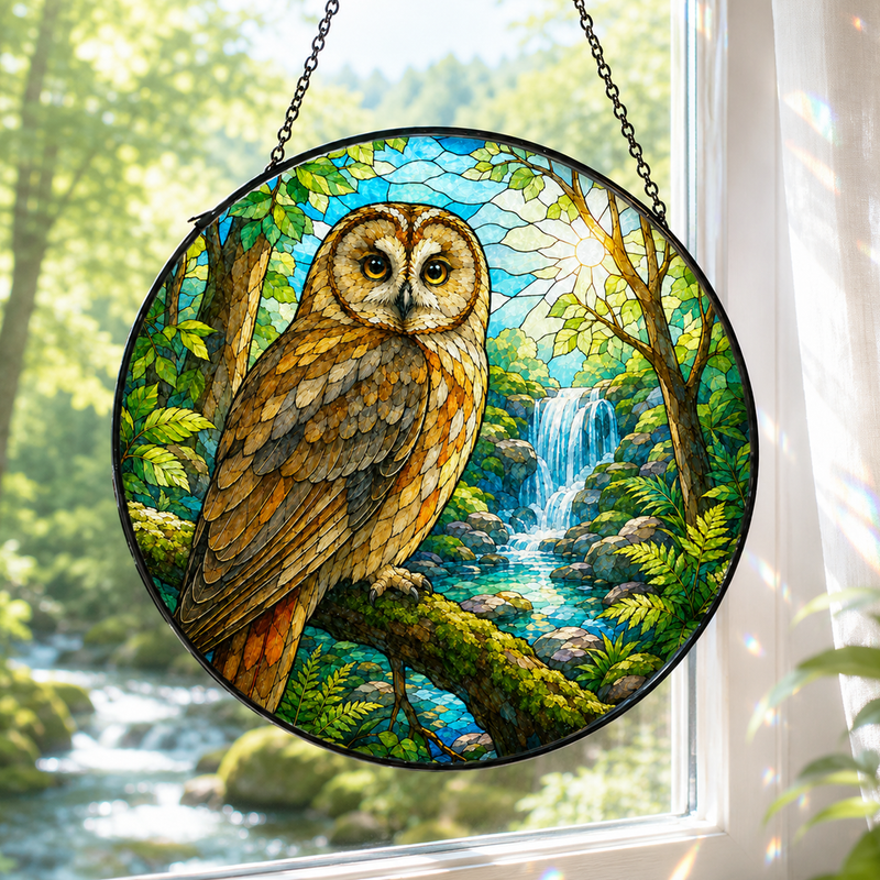 Forest Owl Stained Glass Suncatcher, Waterfall Window Hanging Decor, Gift for Bird Lovers
