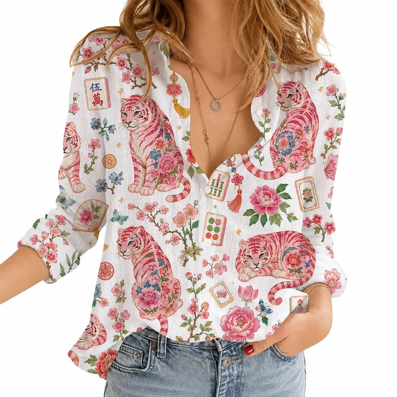 Mahjong Blouse Shirt for Women, Pink Tiger Mah Jongg Lover Top