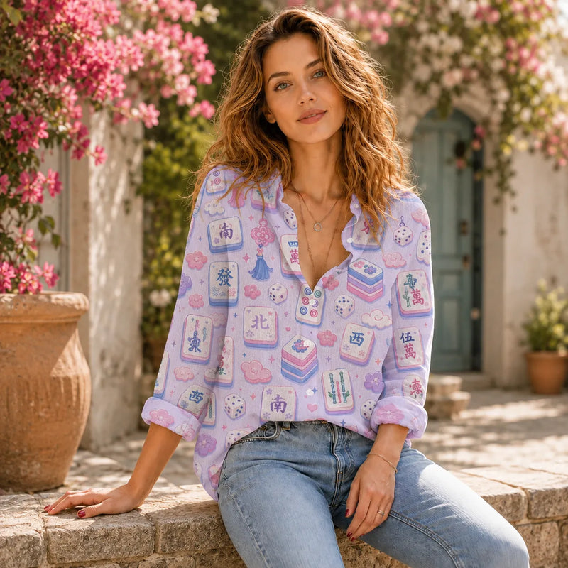 Mahjong Blouse Shirt for Women, Pastel Mah Jongg Lover Gift