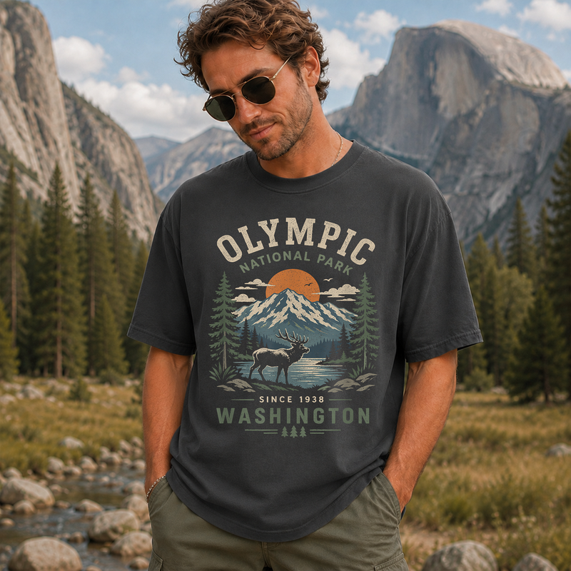 Olympic National Park Shirt, Vintage Elk Mountain Graphic Tee, Washington Hiking Gift
