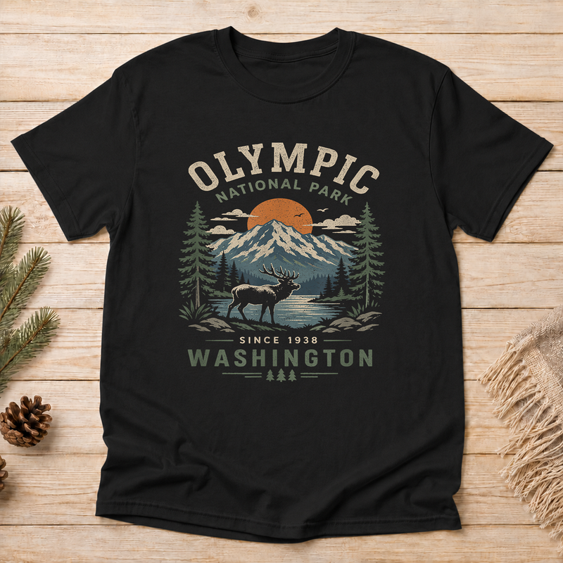 Olympic National Park Shirt, Vintage Elk Mountain Graphic Tee, Washington Hiking Gift