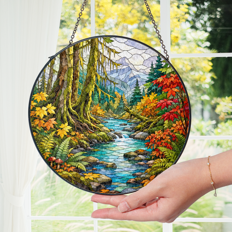 Fall Olympic National Park Stained Glass Suncatcher, Rainforest Window Hanging, Nature Lover Gift