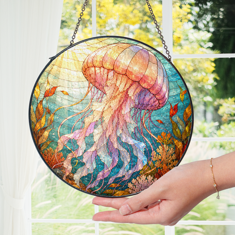 Jellyfish Stained Glass Suncatcher, Ocean Window Hanging Decor, Sea Life Gift for Beach Lovers