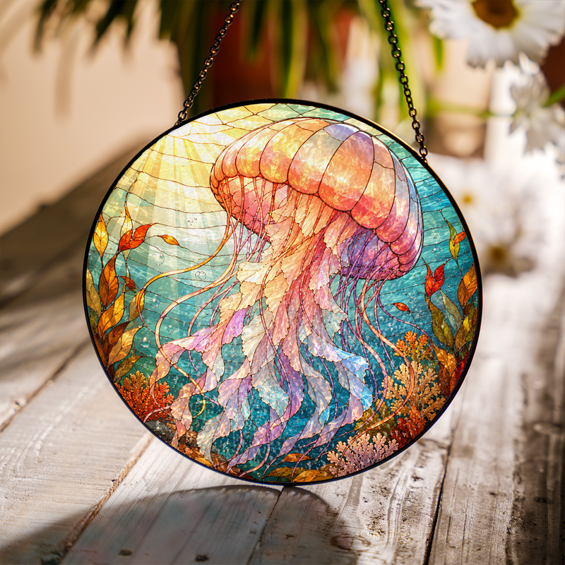 Jellyfish Stained Glass Suncatcher, Ocean Window Hanging Decor, Sea Life Gift for Beach Lovers