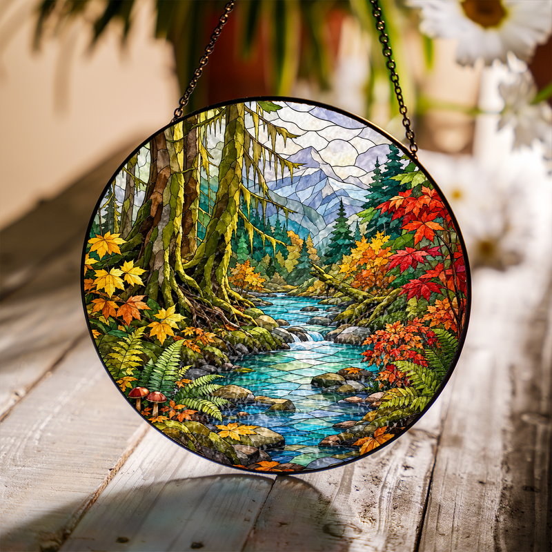 Fall Olympic National Park Stained Glass Suncatcher, Rainforest Window Hanging, Nature Lover Gift