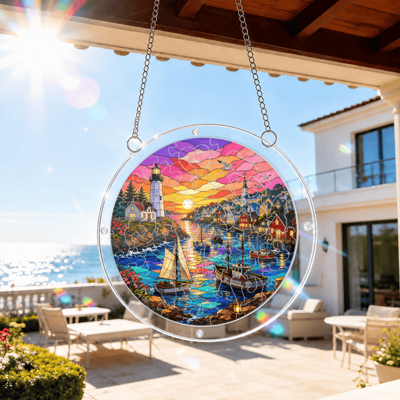 Lighthouse Acrylic Puzzle Suncatcher, Coastal Harbor Window Decor, Nautical Gift