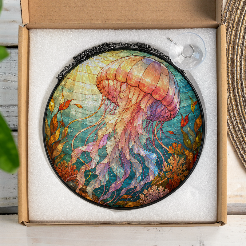 Jellyfish Stained Glass Suncatcher, Ocean Window Hanging Decor, Sea Life Gift for Beach Lovers