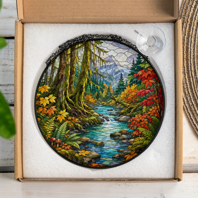 Fall Olympic National Park Stained Glass Suncatcher, Rainforest Window Hanging, Nature Lover Gift