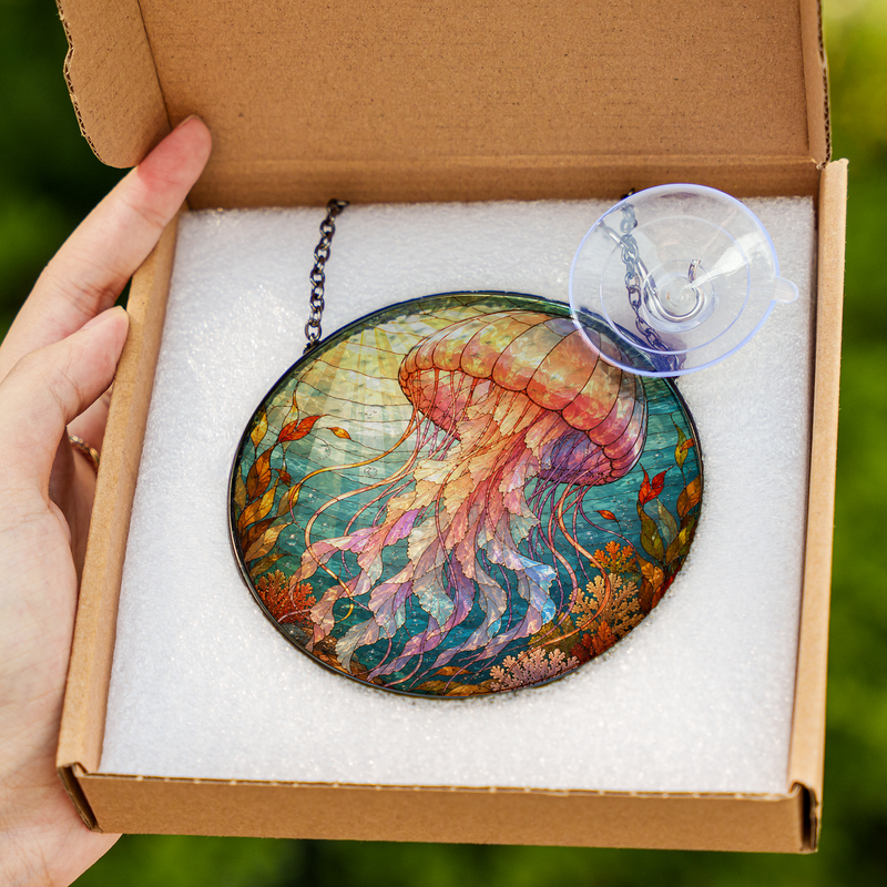 Jellyfish Stained Glass Suncatcher, Ocean Window Hanging Decor, Sea Life Gift for Beach Lovers