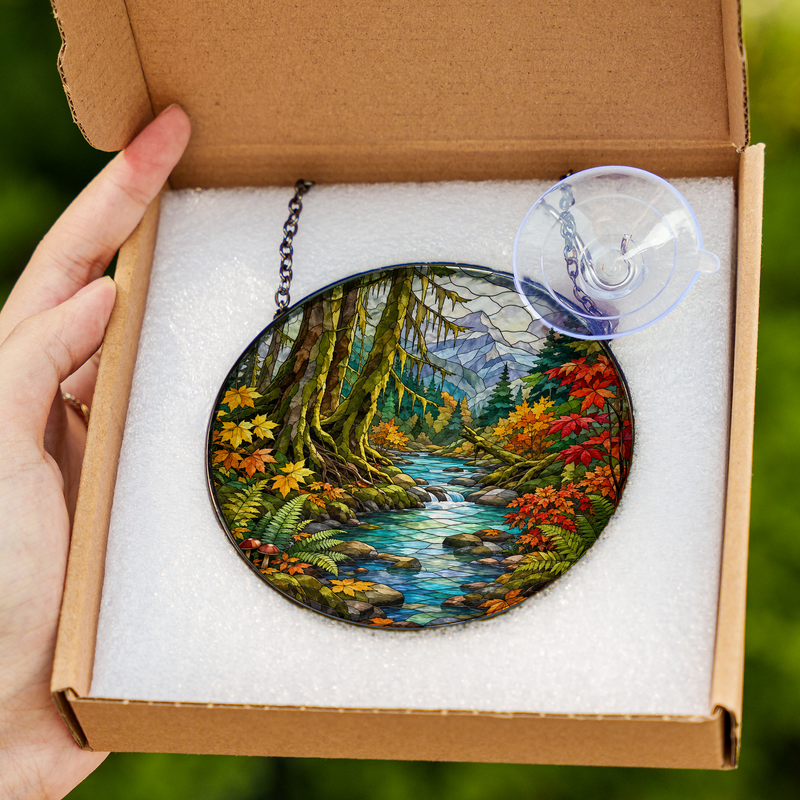 Fall Olympic National Park Stained Glass Suncatcher, Rainforest Window Hanging, Nature Lover Gift