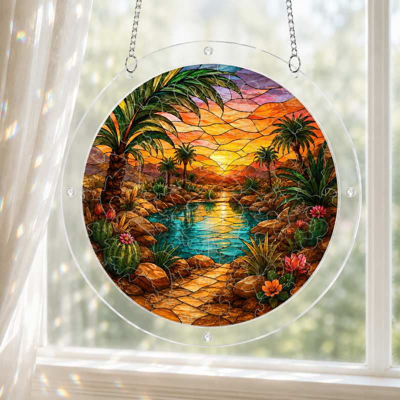 Desert Oasis Sunset Acrylic Puzzle Suncatcher, Window Hanging Decor, Gift for Nature Lovers