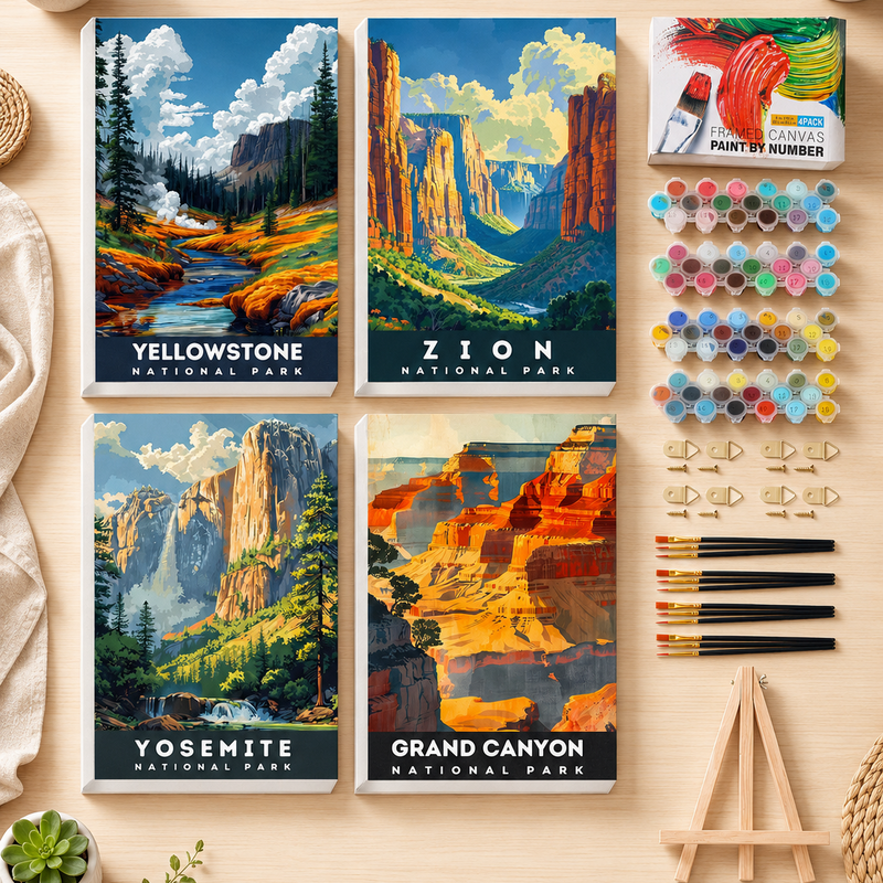 4 Pack National Parks Paint by Numbers for Adults, Framed Canvas Kit with Wooden Easel