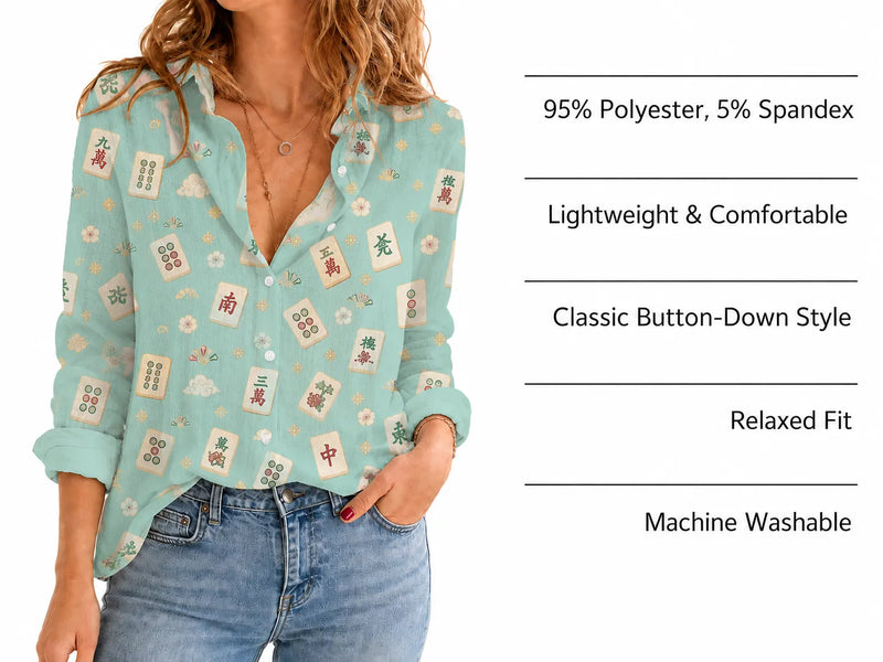 Mahjong Blouse Shirt for Women, Chinoiserie Mah Jongg Lover Gift