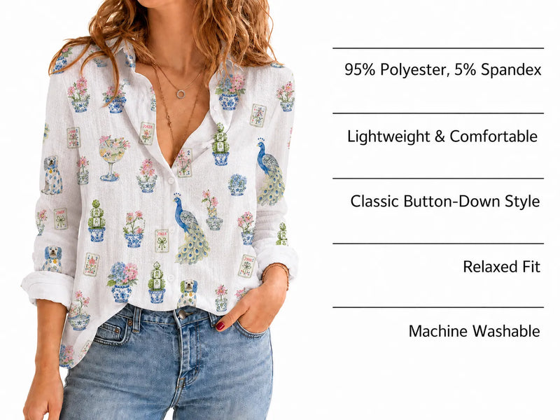 Chinoiserie Mahjong Blouse Shirt for Women, Mah Jongg Lover Gift