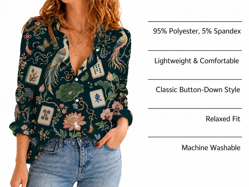 Mahjong Blouse Shirt for Women, Chinoiserie Bird Mah Jongg Lover Gift