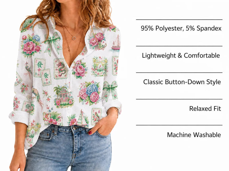 Mahjong Blouse Shirt for Women, Chinoiserie Mah Jongg Lover Gift