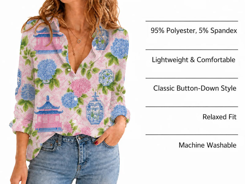 Chinoiserie Blouse Shirt for Women, Floral Mahjong Lover Gift
