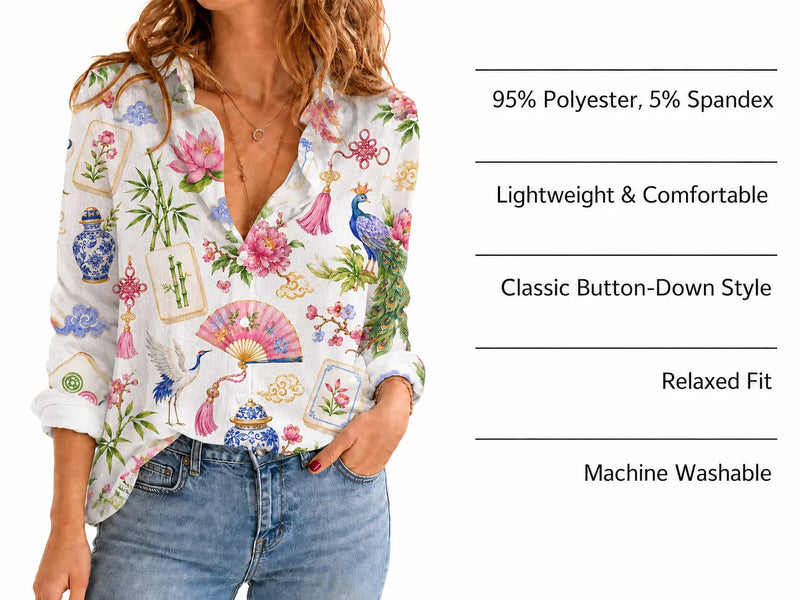 Mahjong Blouse Shirt for Women, Chinoiserie Mah Jongg Lover Gift