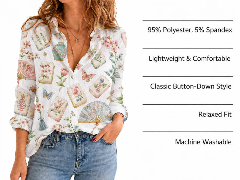 Mahjong Blouse Shirt for Women, Floral Chinoiserie Mah Jongg Gift