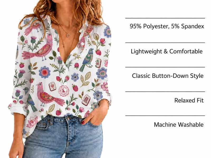Mahjong Blouse Shirt for Women, Floral Bird Mah Jongg Lover Gift