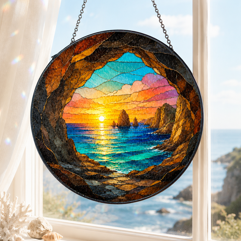 Ocean Sunset Stained Glass Suncatcher, Window Hanging Decor, Gift for Beach Lovers
