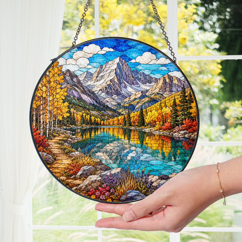 Fall Rocky Mountain National Park Stained Glass Suncatcher, Mountain Window Hanging Decor, Nature Lover Gift