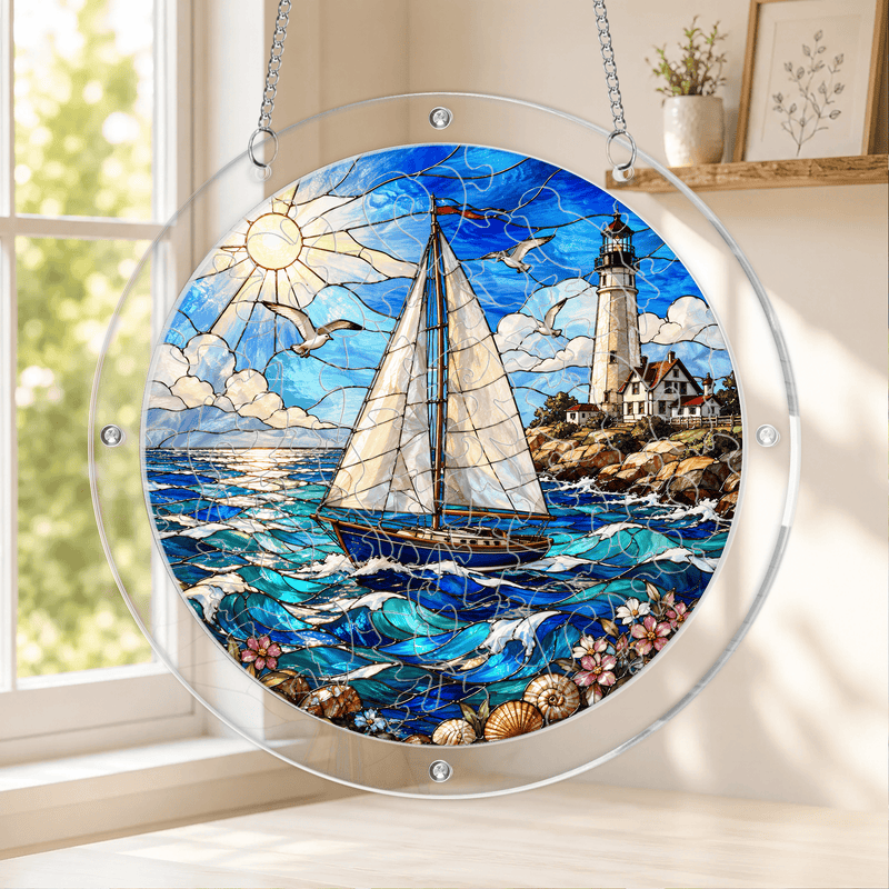 Lighthouse Sailboat Acrylic Puzzle Suncatcher, Coastal Window Decor, Nautical Gift