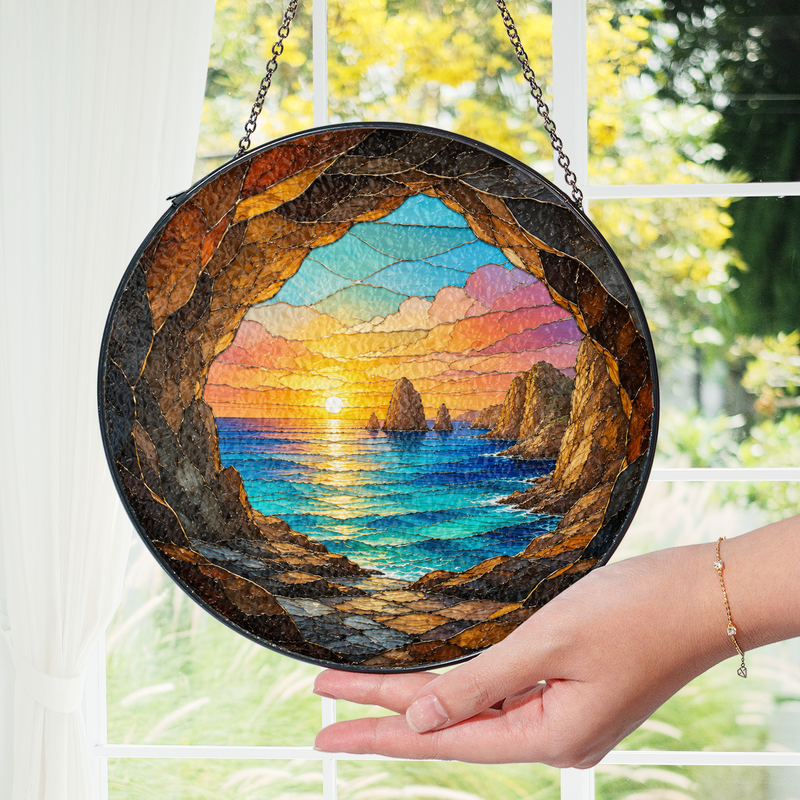 Ocean Sunset Stained Glass Suncatcher, Window Hanging Decor, Gift for Beach Lovers