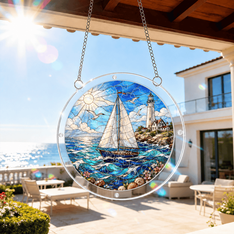 Lighthouse Sailboat Acrylic Puzzle Suncatcher, Coastal Window Decor, Nautical Gift