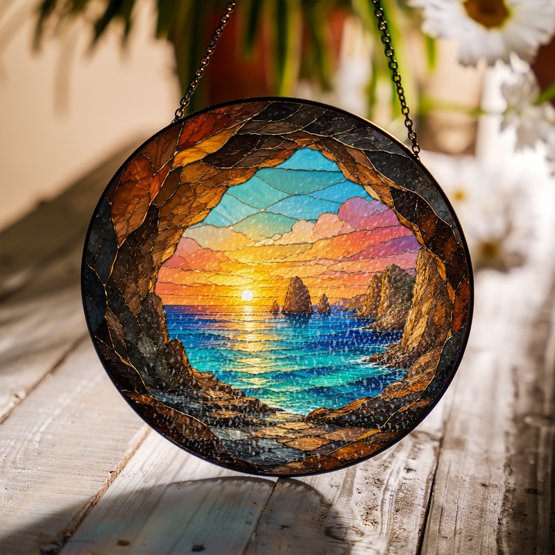 Ocean Sunset Stained Glass Suncatcher, Window Hanging Decor, Gift for Beach Lovers