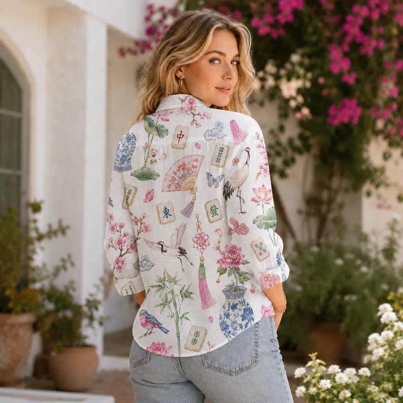 Chinoiserie Mahjong Blouse Shirt for Women, Mah Jongg Lover Gift