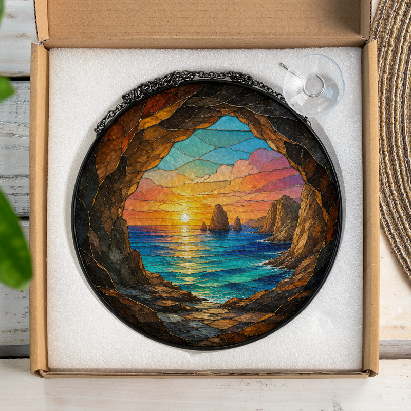 Ocean Sunset Stained Glass Suncatcher, Window Hanging Decor, Gift for Beach Lovers