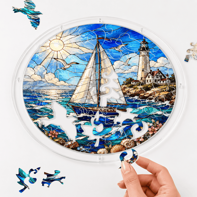 Lighthouse Sailboat Acrylic Puzzle Suncatcher, Coastal Window Decor, Nautical Gift