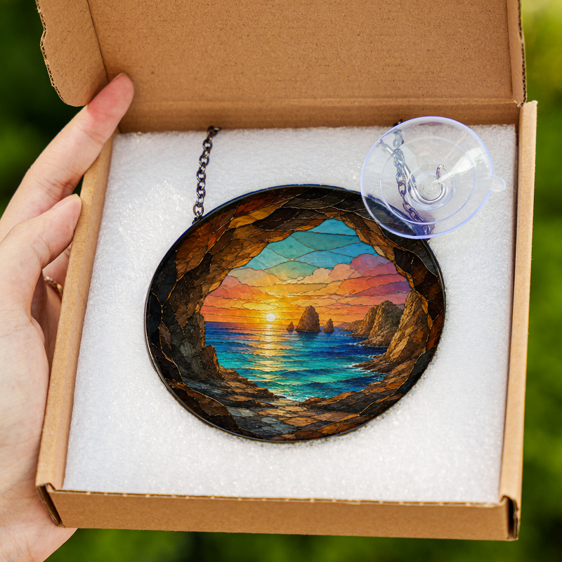 Ocean Sunset Stained Glass Suncatcher, Window Hanging Decor, Gift for Beach Lovers