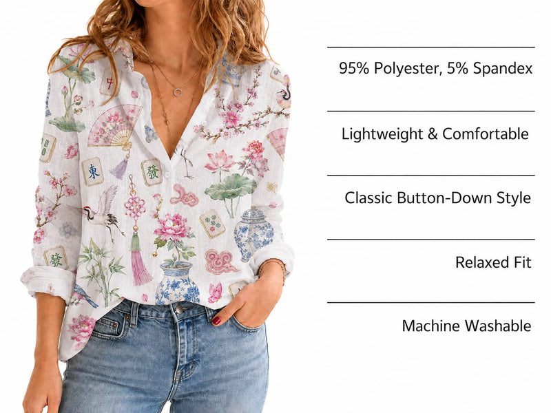 Chinoiserie Mahjong Blouse Shirt for Women, Mah Jongg Lover Gift