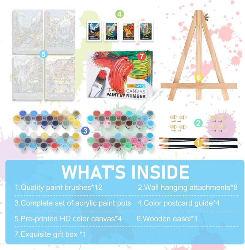 4 Pack National Parks Paint by Numbers for Adults, Framed Canvas Kit with Wooden Easel