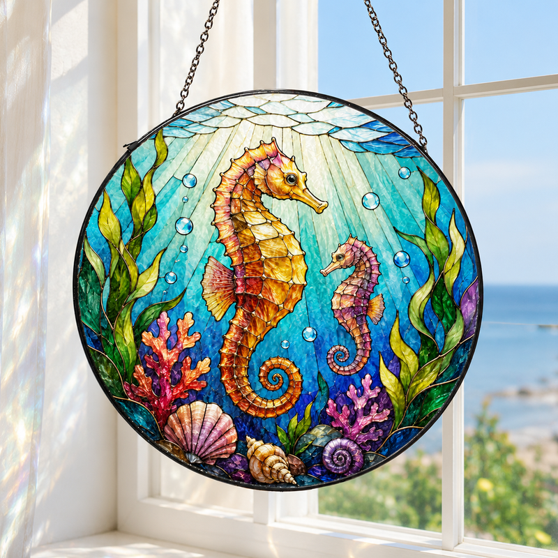 Seahorse Stained Glass Suncatcher, Ocean Window Hanging Decor, Gift for Beach Lovers