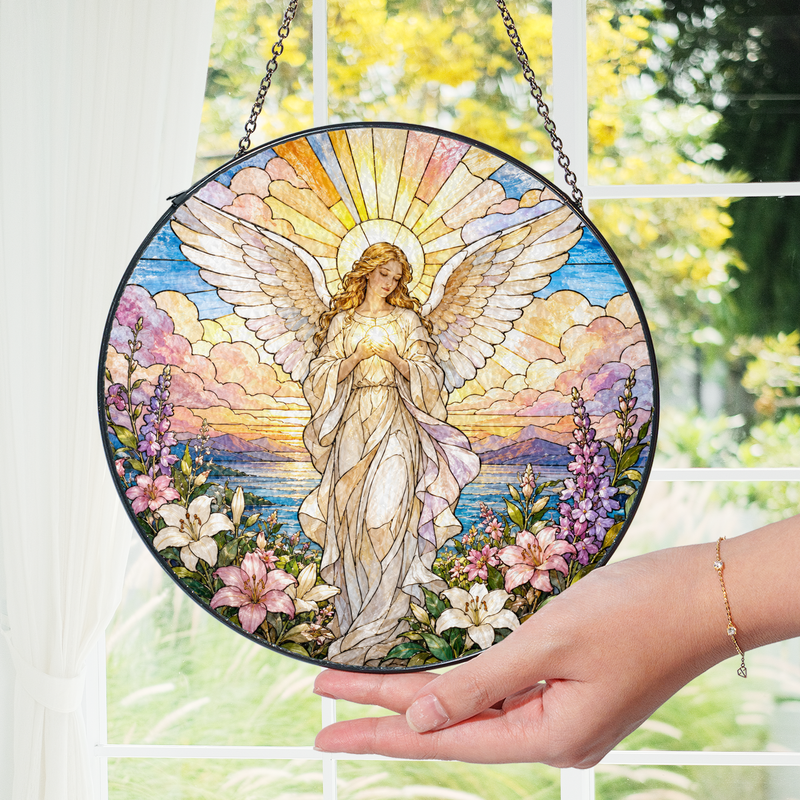 Guardian Angel Stained Glass Suncatcher, Christian Window Hanging Decor, Spiritual Gift for Women