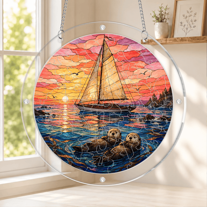 Sea Otter Sailboat Acrylic Puzzle Suncatcher, Ocean Window Decor, Coastal Gift