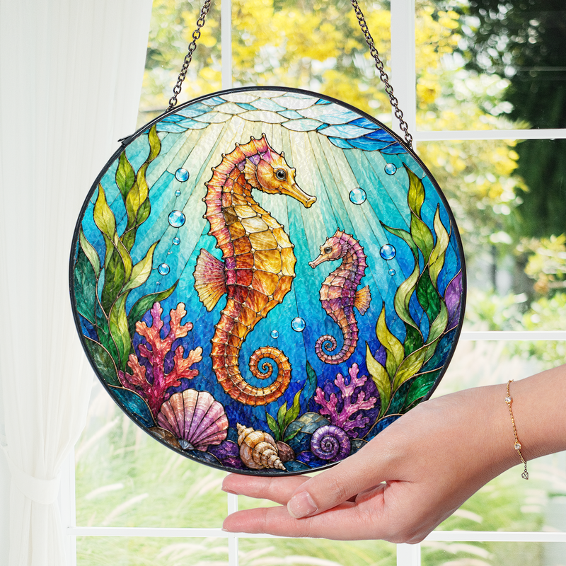 Seahorse Stained Glass Suncatcher, Ocean Window Hanging Decor, Gift for Beach Lovers