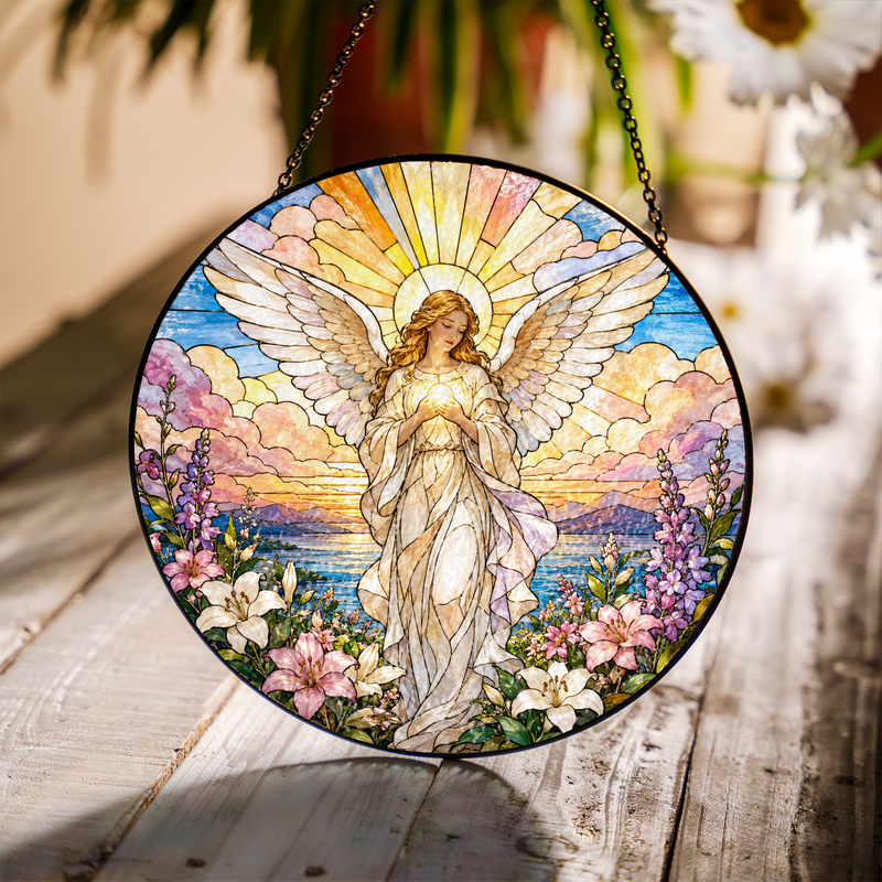 Guardian Angel Stained Glass Suncatcher, Christian Window Hanging Decor, Spiritual Gift for Women