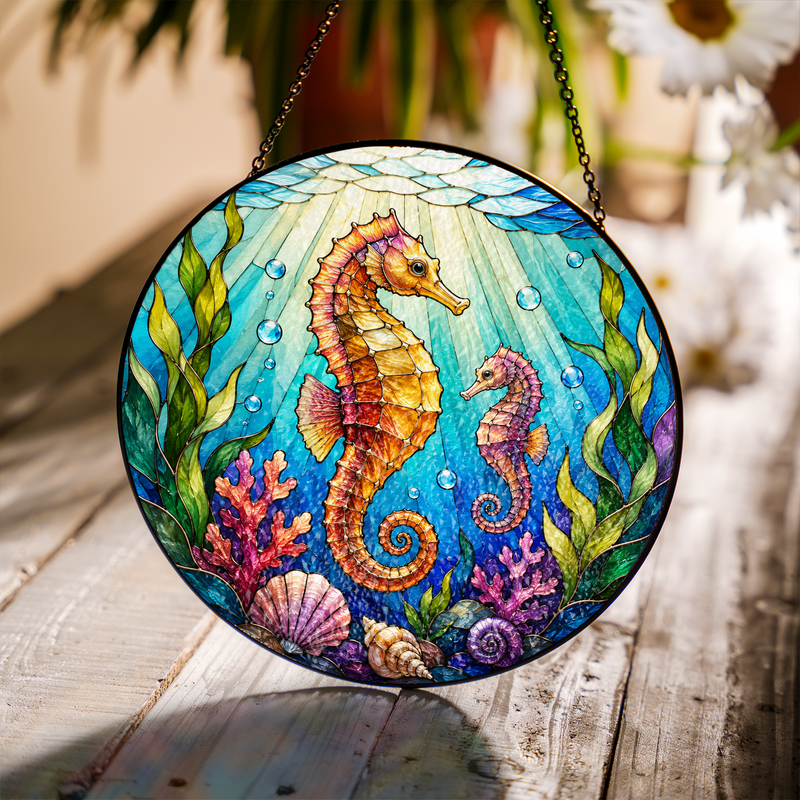 Seahorse Stained Glass Suncatcher, Ocean Window Hanging Decor, Gift for Beach Lovers